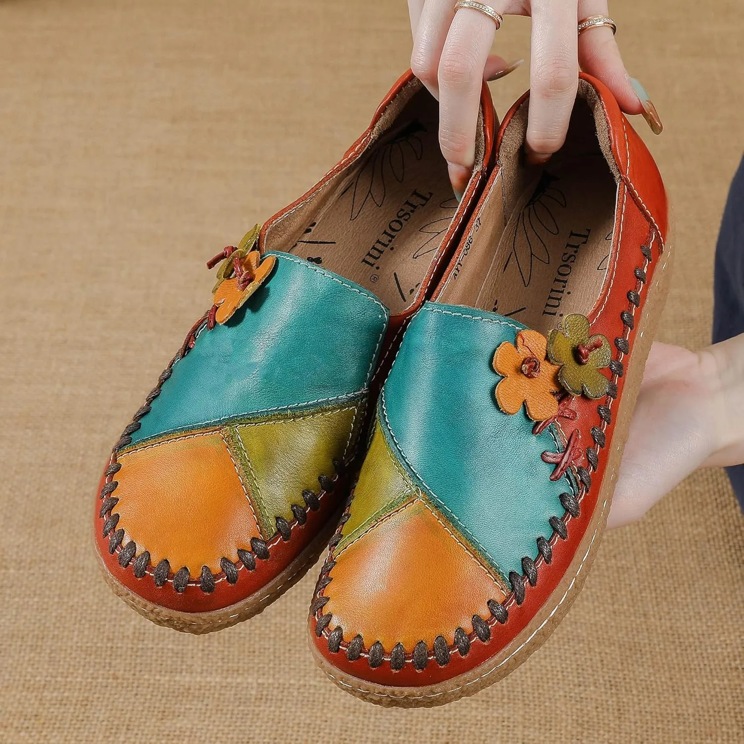 Trsorini Women's Casual Loafers Slip on Multi Color Stitching Leather Shoes Daily Walking