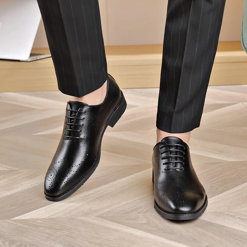 Uniform Men's Oxford Dress Shoes Waterproof Leather Lace Up Brogue Non Slip Rubber Sole Low Top Office Business