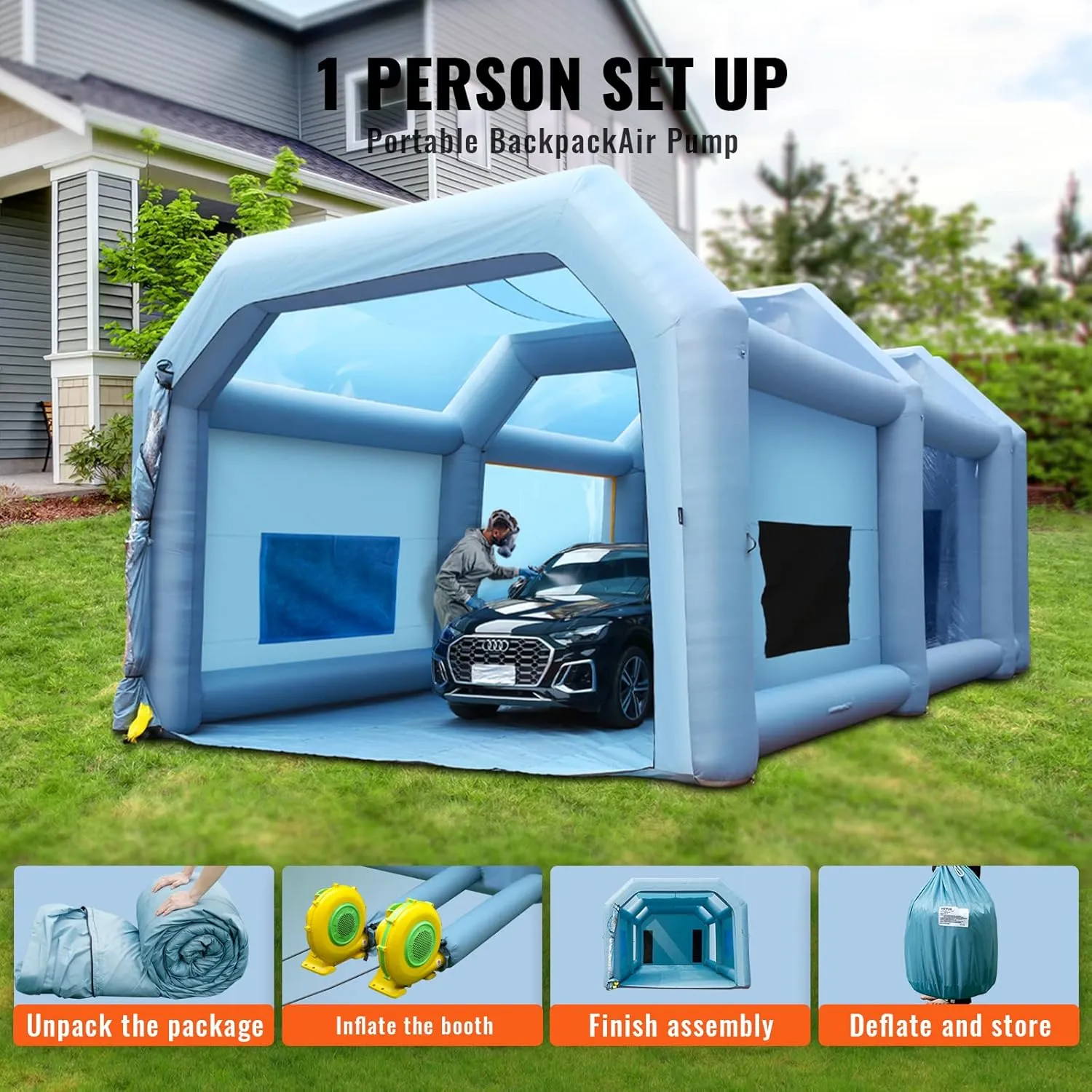 VEVOR Inflatable Booth for Cars Trucks Large Spray Tent with High Powerful 950W 1100W Two Blowers, 33x20x13ft Painting Shelter with Air Filter System, Blue