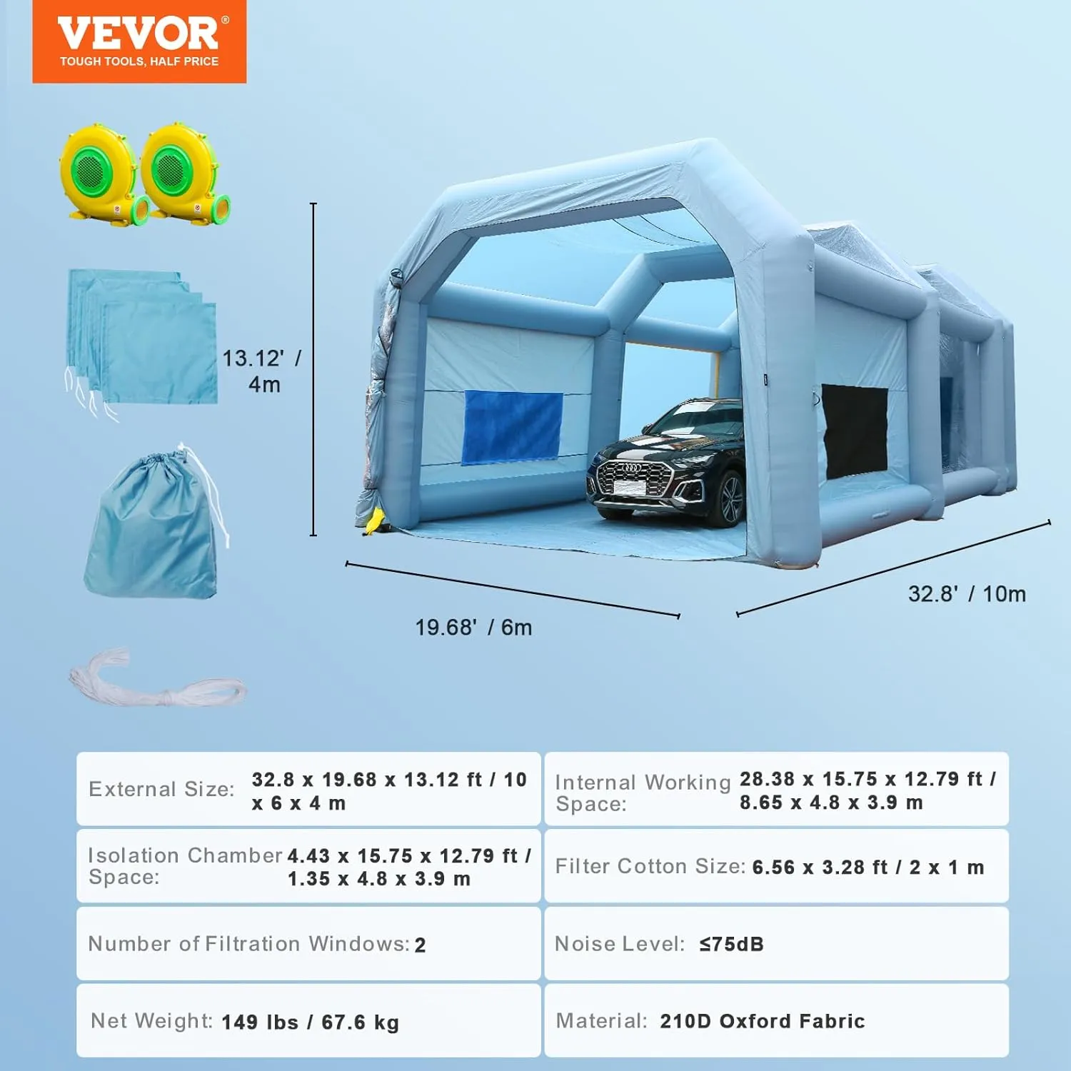 VEVOR Inflatable Booth for Cars Trucks Large Spray Tent with High Powerful 950W 1100W Two Blowers, 33x20x13ft Painting Shelter with Air Filter System, Blue