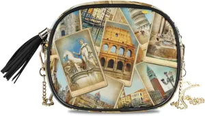 Vikko Travel In Italy Vintage Collage Small Crossbody Bag Handbag Purse PU Leather Women Shoulder Chain Bag With Metal Chain Strap And Tassel Top Zipper