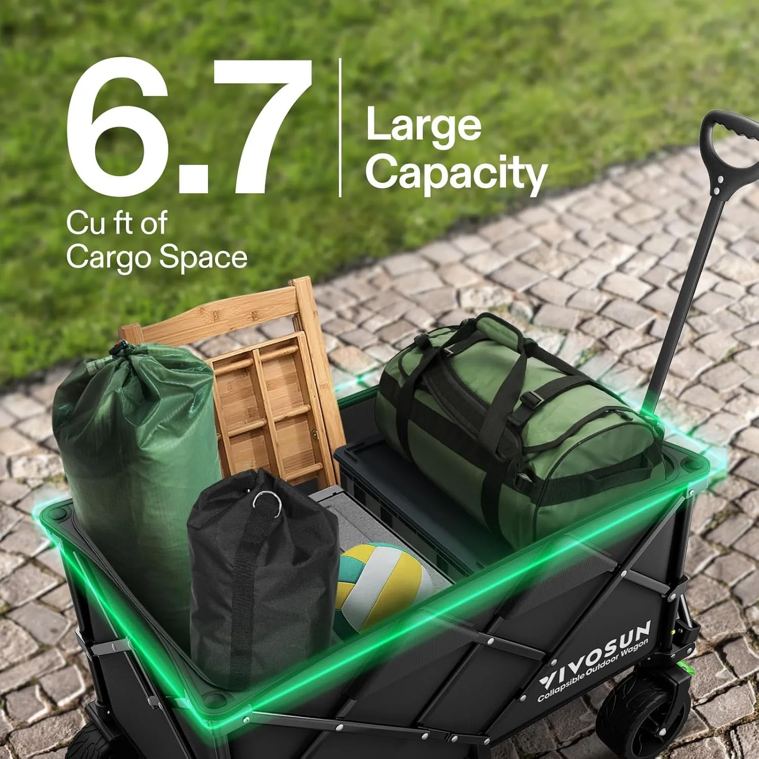 VIVOSUN Collapsible Folding Wagon, Outdoor Utility with Silent All-Terrain Wide Wheels, Adjustable Handle, Cup Holders & Side Pockets, for Camping, Beach, Shopping, Garden, Sports, Picnic, Black