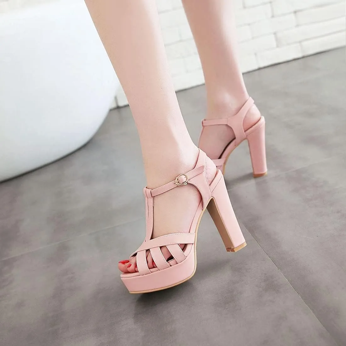 VOKLIN Women's Fashion T-strap Peep Toe Platform High Heel Sandals Party Evening Pump Dress Heeled Sandal
