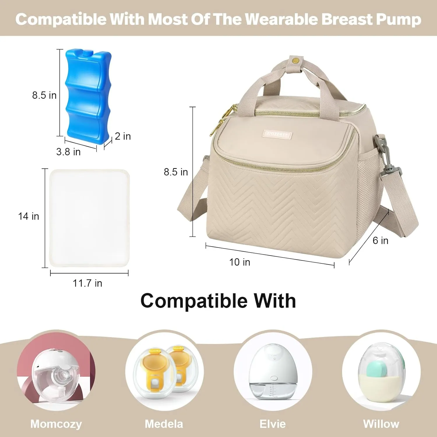 Wearable Breast Pump Bag,Breastmilk Cooler Travel Bag Compatible with Momcozy/Medela/Elvie/Willow Breast Pump with Ice Pack and Water Resistent Mat for 6 Baby Bottles Up to 9 Ounce,Khaki