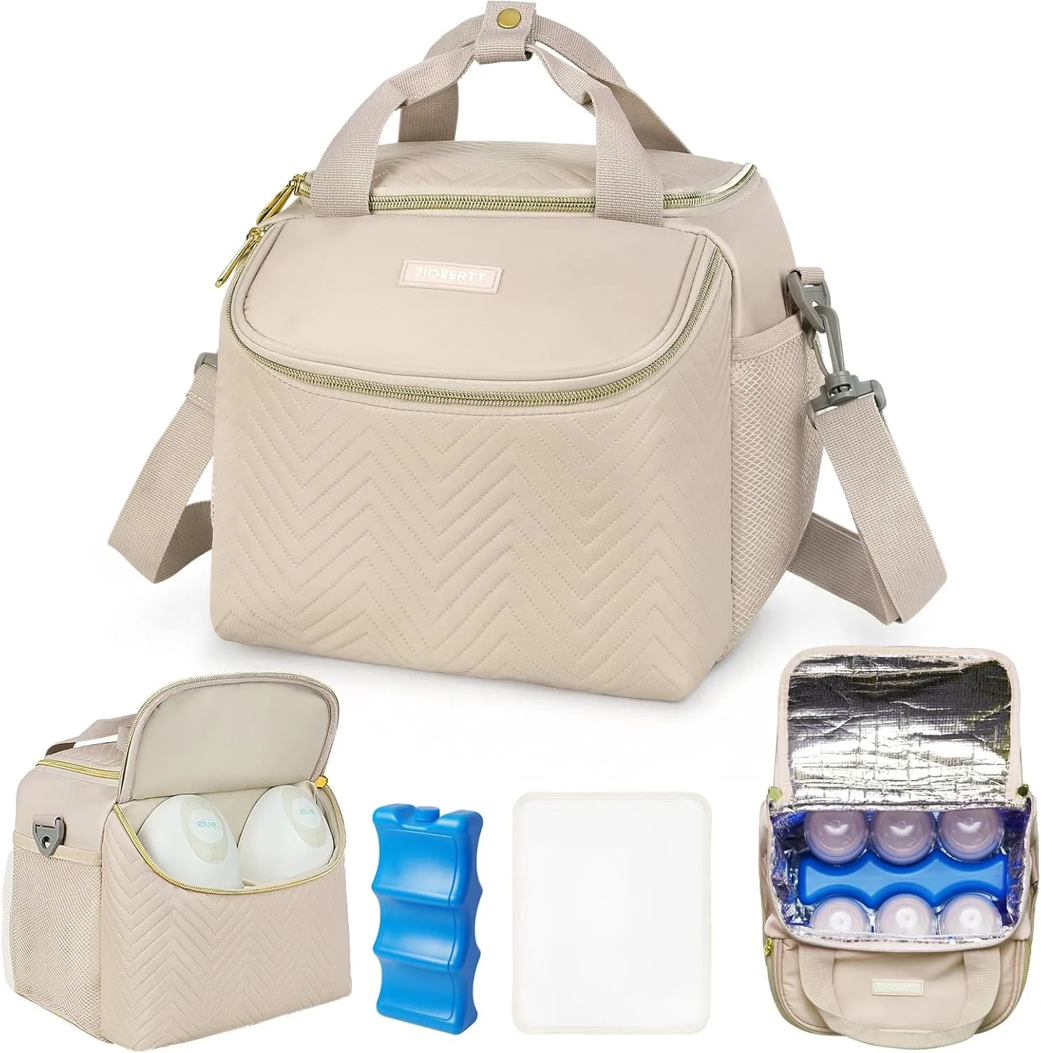 Wearable Breast Pump Bag,Breastmilk Cooler Travel Bag Compatible with Momcozy/Medela/Elvie/Willow Breast Pump with Ice Pack and Water Resistent Mat for 6 Baby Bottles Up to 9 Ounce,Khaki