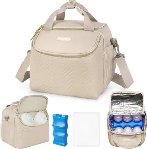 Wearable Breast Pump Bag,Breastmilk Cooler Travel Bag Compatible with Momcozy/Medela/Elvie/Willow Breast Pump with Ice Pack and Water Resistent Mat for 6 Baby Bottles Up to 9 Ounce,Khaki