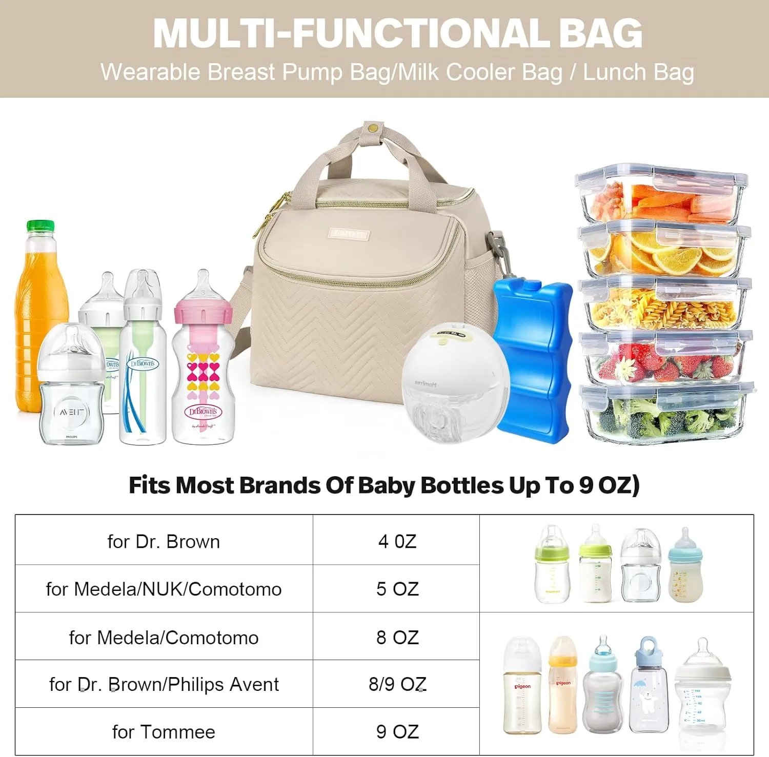 Wearable Breast Pump Bag,Breastmilk Cooler Travel Bag Compatible with Momcozy/Medela/Elvie/Willow Breast Pump with Ice Pack and Water Resistent Mat for 6 Baby Bottles Up to 9 Ounce,Khaki