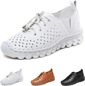WENOREG Women's Soft Leather Lace-Up Hollow Out Loafers,Slip-on Flat Orthopedic Sneakers,Fashion Breathable Hand-Stitching Moccasins Mom Non-Slip Comfort Walking Casual Shoes