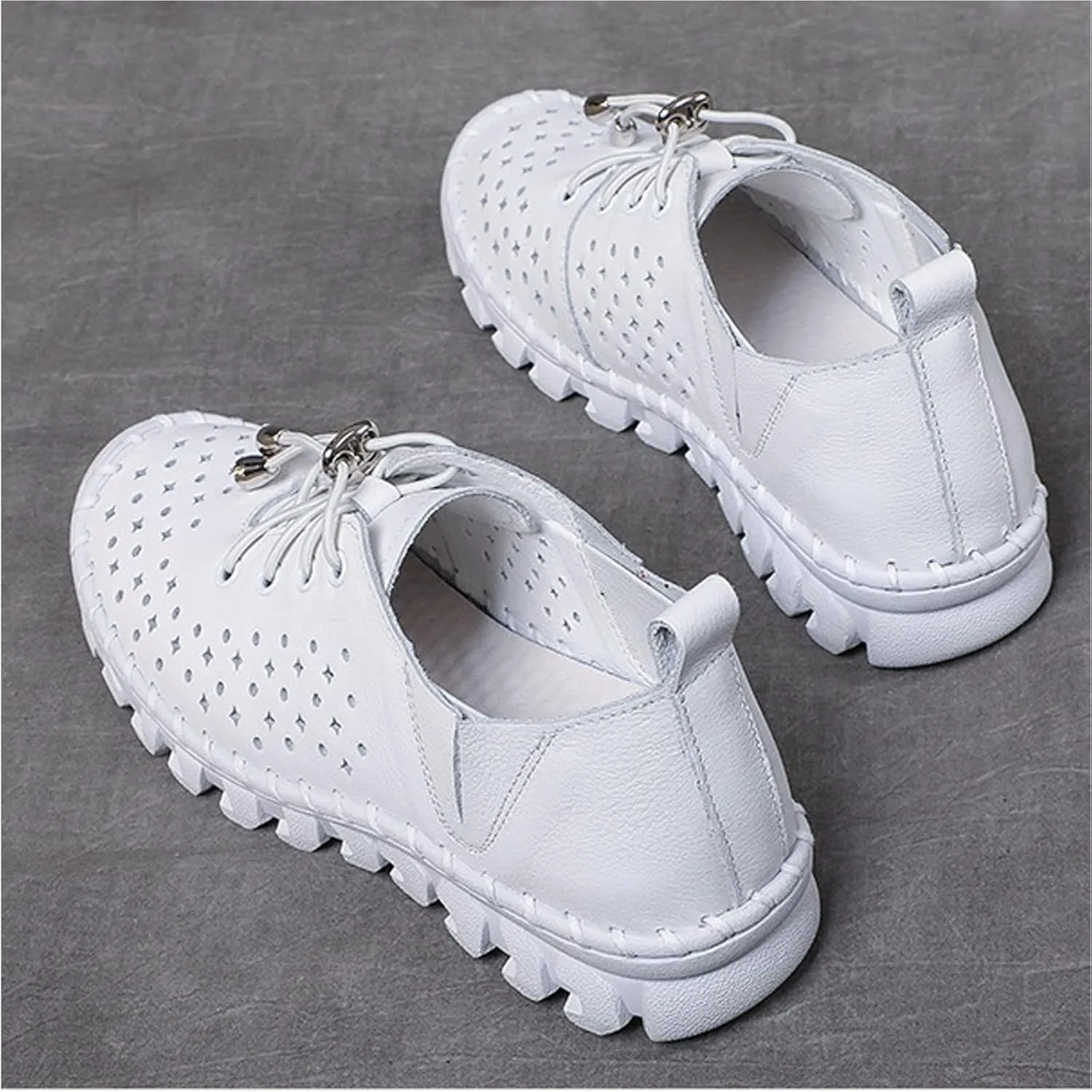 WENOREG Women's Soft Leather Lace-Up Hollow Out Loafers,Slip-on Flat Orthopedic Sneakers,Fashion Breathable Hand-Stitching Moccasins Mom Non-Slip Comfort Walking Casual Shoes