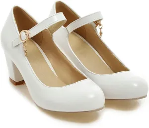 Women Fashion Round Toe Dress Pumps Ankle Strap Chunky Mid Block Heel Mary Janes Casual Work Shoes