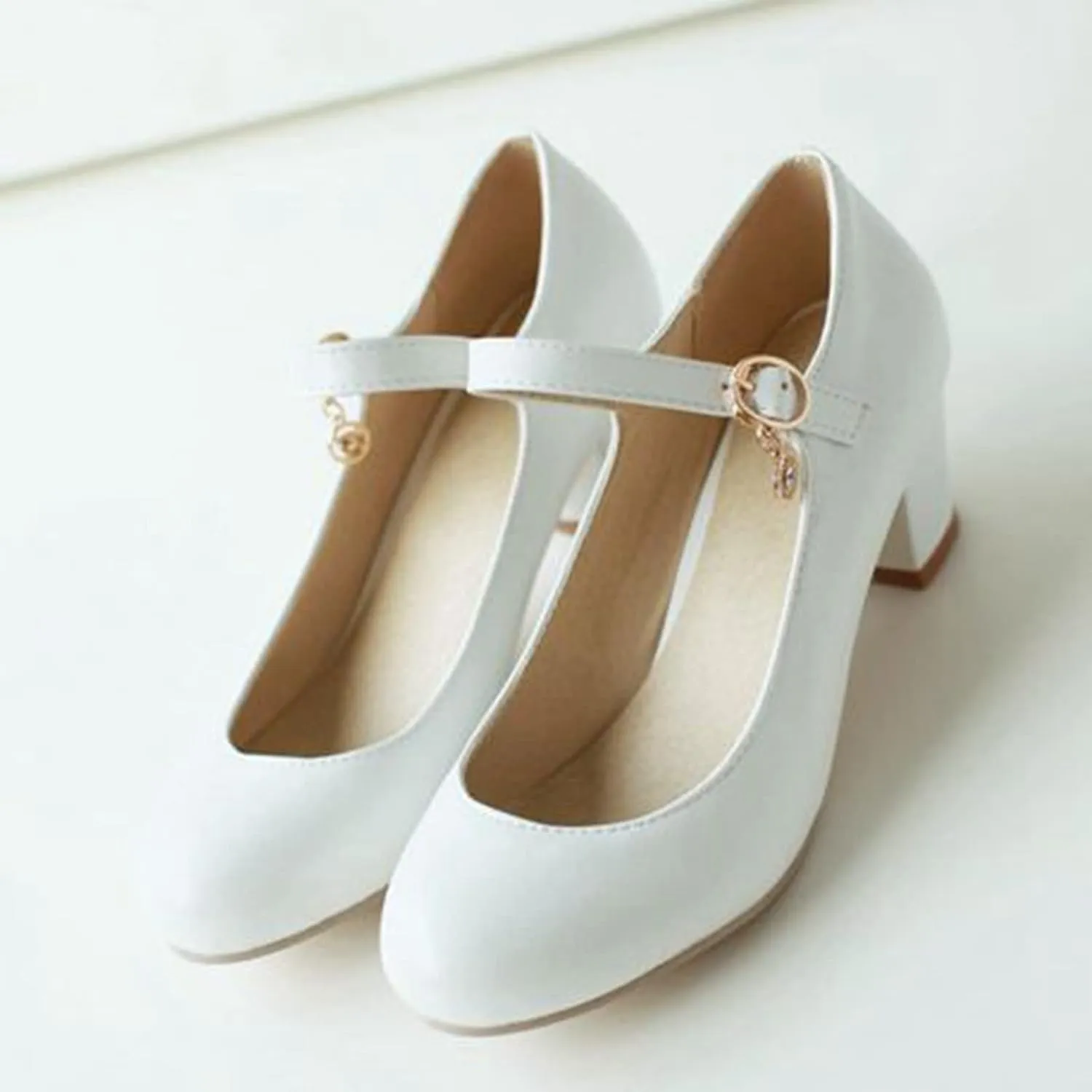 Women Fashion Round Toe Dress Pumps Ankle Strap Chunky Mid Block Heel Mary Janes Casual Work Shoes