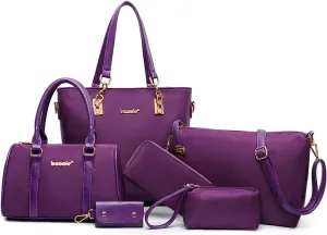 Women Handbag Nylon Leather Shoulder Bag Tote Bags Wallet Key Case Clutch 6 Pcs Set