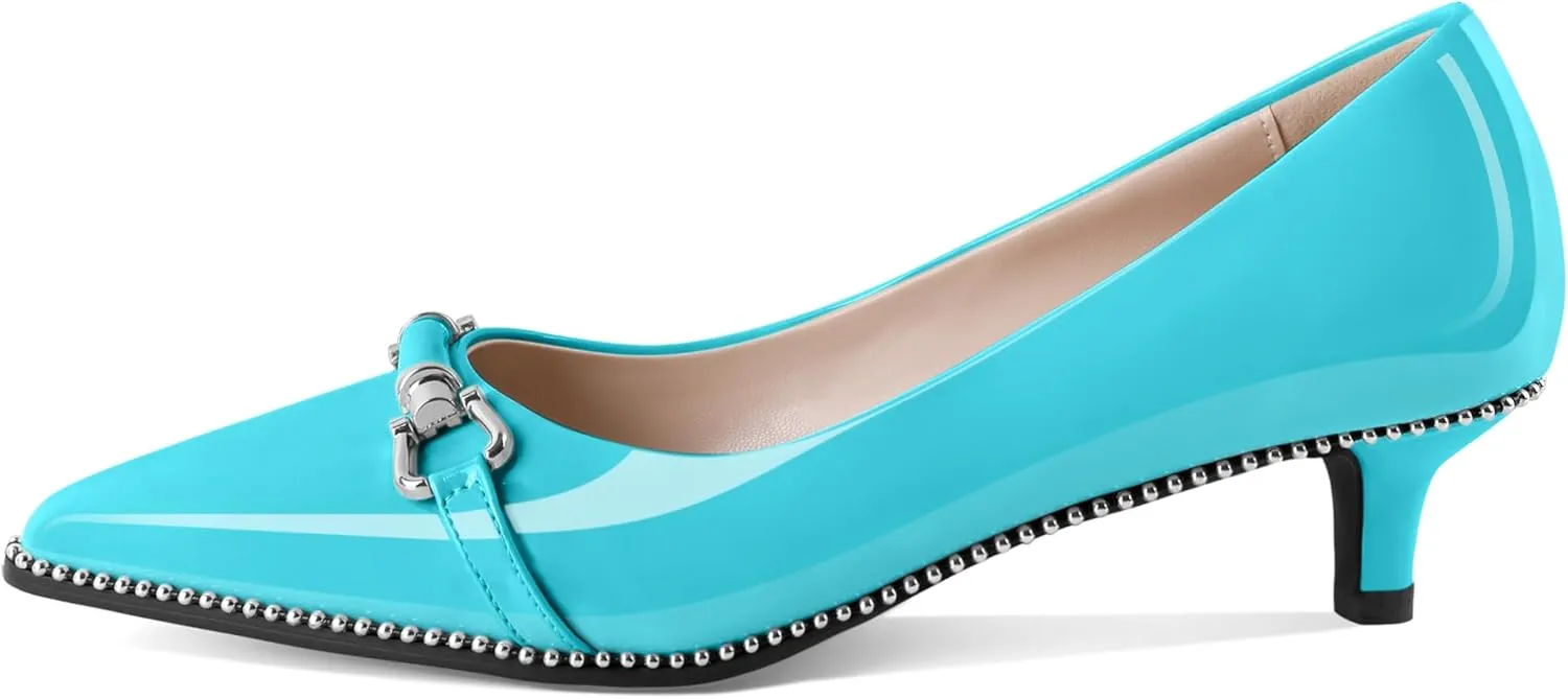 Women Low Heels Kitten Heel Pumps Ladies Beaded Pump Closed Pointd Toe Buckle Bow Shoes Slip On Office Wedding Work Evening 1.5 Inch Heel