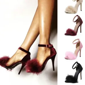 Women Pumps Buckle Strap High Heels Sexy Pointed Toe Wedding Party Shoes Thin Heels Fuzzy Outdoor Shoes