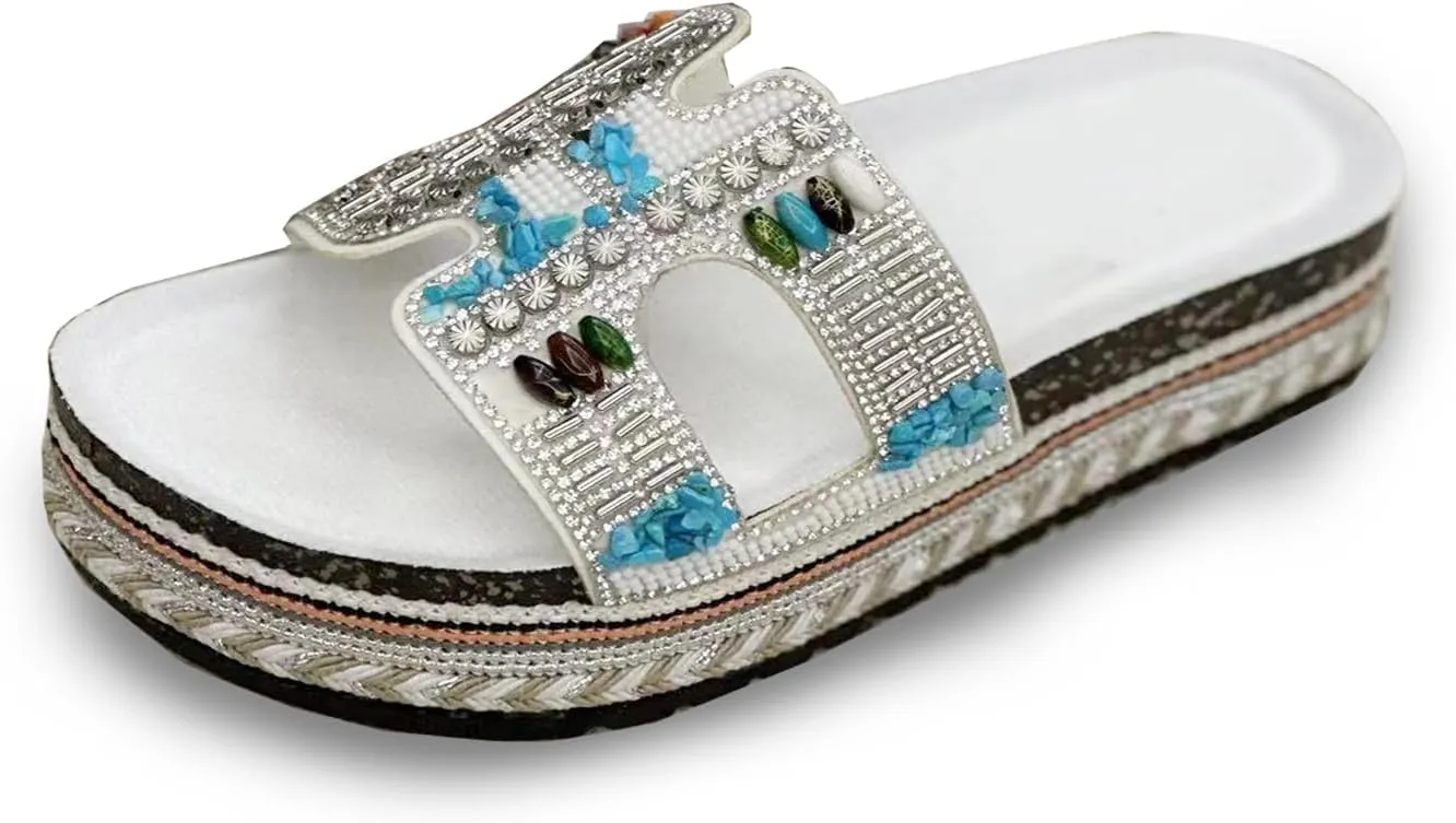 Women Sandals Rhinestone Glitter Slides Summer Platform Sandals Comfy Slides House Slippers H Slide Sandal