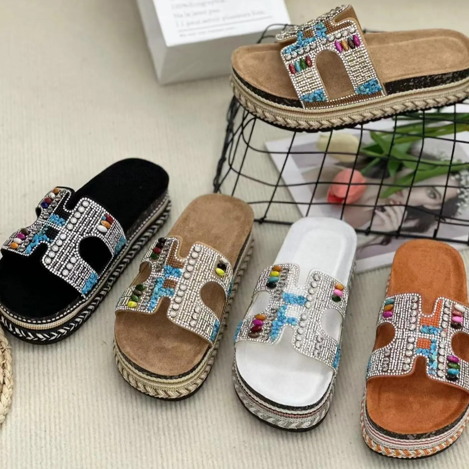 Women Sandals Rhinestone Glitter Slides Summer Platform Sandals Comfy Slides House Slippers H Slide Sandal