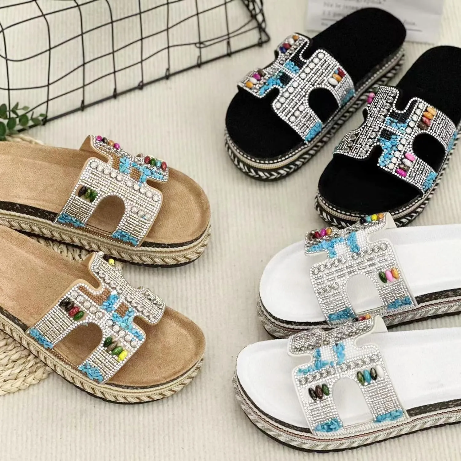 Women Sandals Rhinestone Glitter Slides Summer Platform Sandals Comfy Slides House Slippers H Slide Sandal