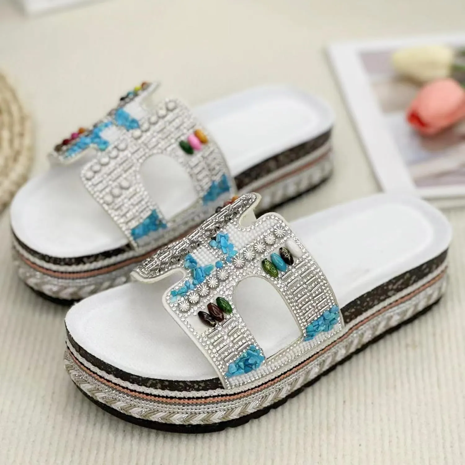 Women Sandals Rhinestone Glitter Slides Summer Platform Sandals Comfy Slides House Slippers H Slide Sandal