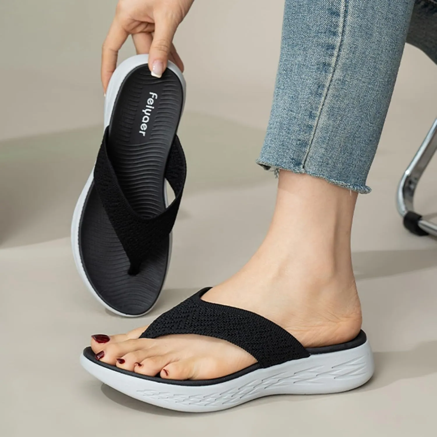 Women Shoes Wedge Thick Soled Flip Flops Fashionable Outdoor Beach Sandals Women Lime Glitter Thong Strap Sandals