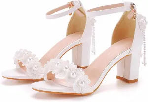 Women White lace Ankle Strap High Heel Sandals Heels Peep Toe Sandals Pump Shoes for Bride Wedding Party Evening
