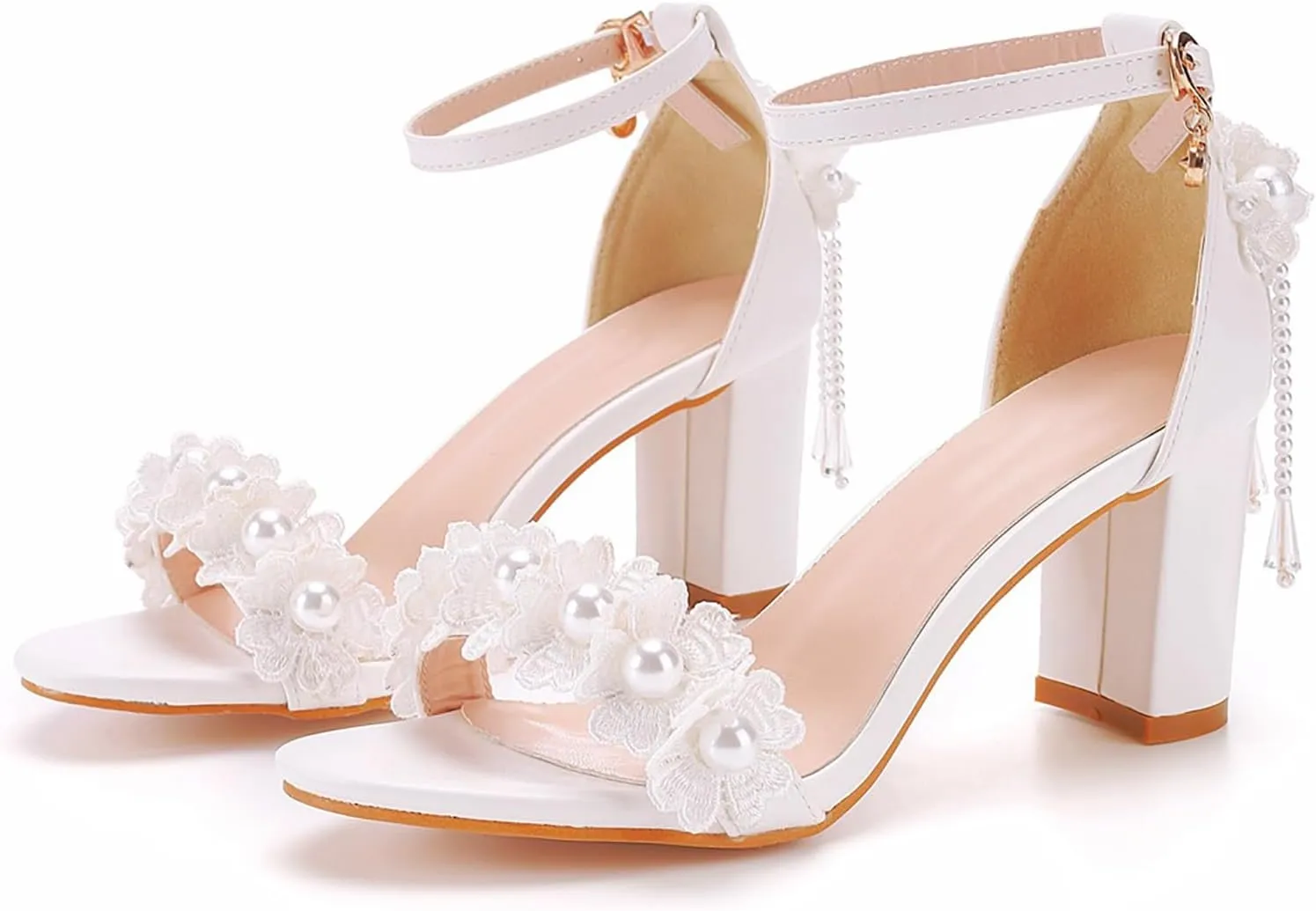 Women White lace Ankle Strap High Heel Sandals Heels Peep Toe Sandals Pump Shoes for Bride Wedding Party Evening