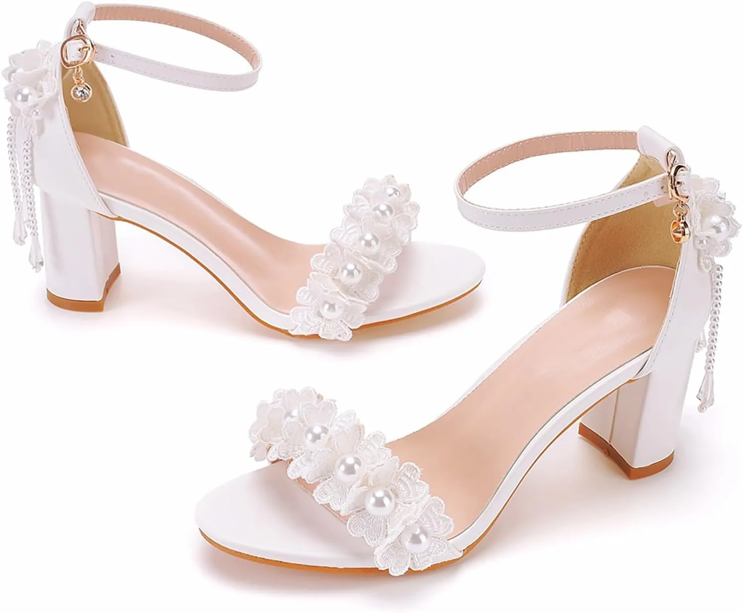 Women White lace Ankle Strap High Heel Sandals Heels Peep Toe Sandals Pump Shoes for Bride Wedding Party Evening