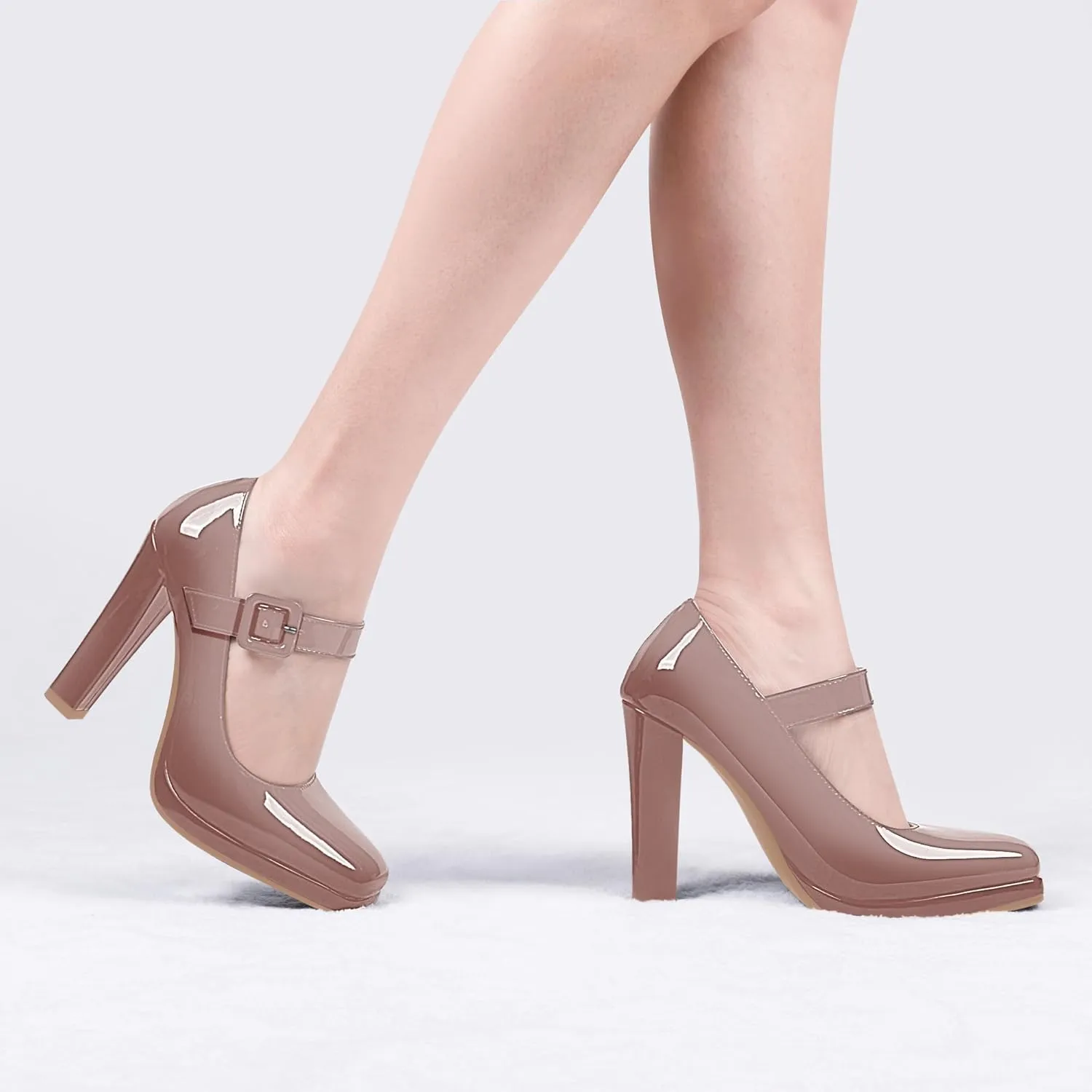 Women's Block High Heel Platform Mary Janes Shoes Buckle Strappy Square Toe Dress Pumps