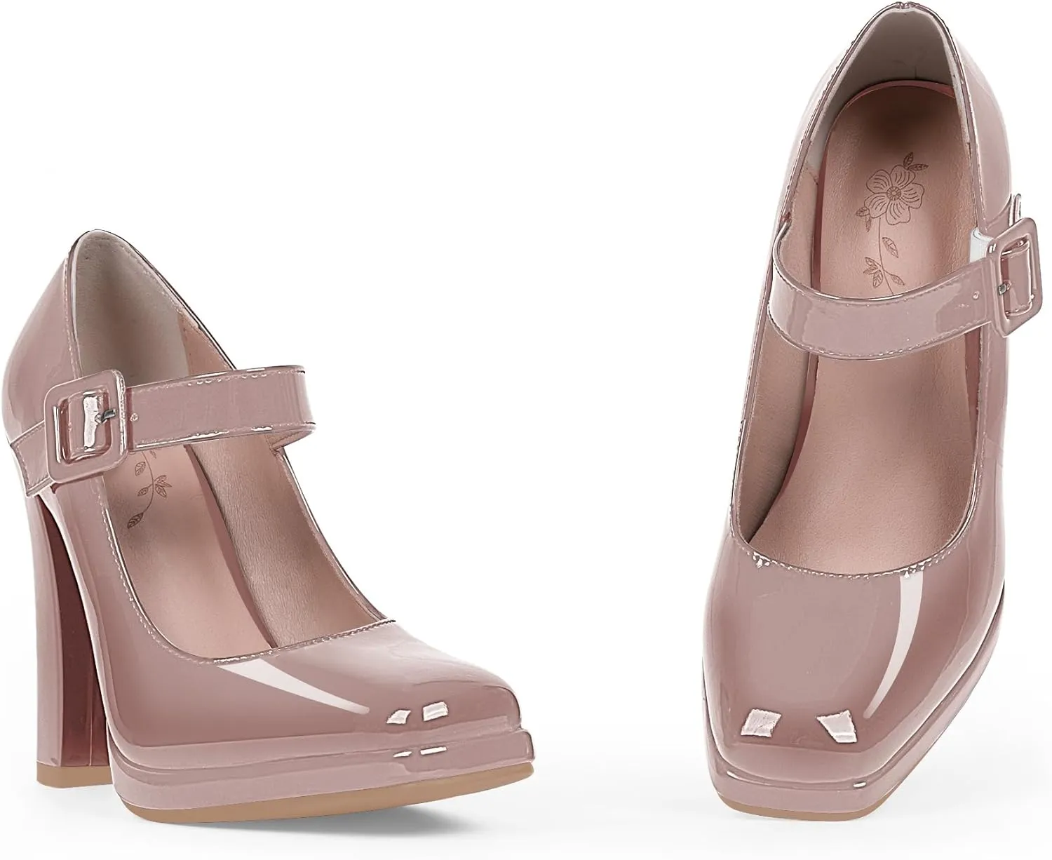Women's Block High Heel Platform Mary Janes Shoes Buckle Strappy Square Toe Dress Pumps