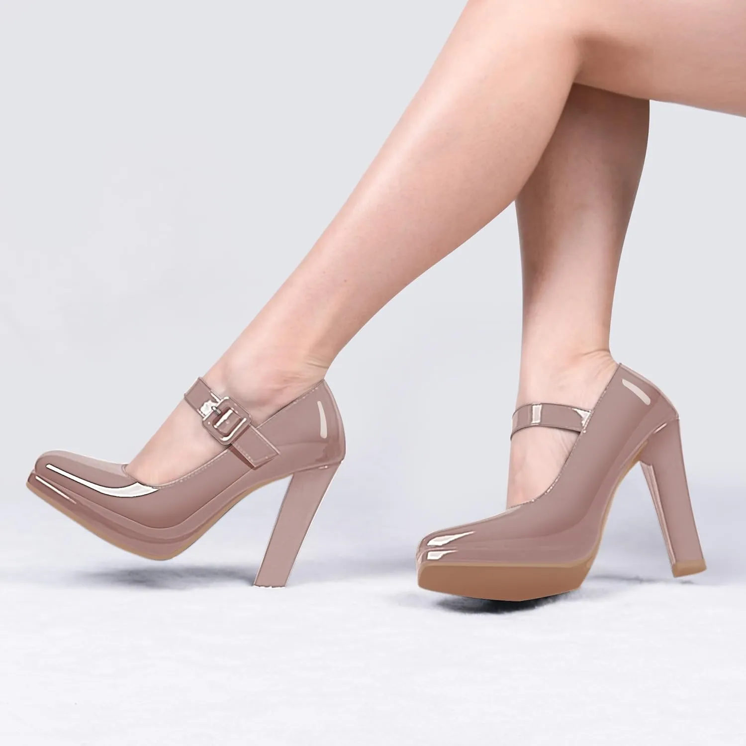 Women's Block High Heel Platform Mary Janes Shoes Buckle Strappy Square Toe Dress Pumps