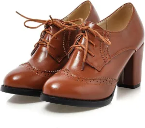 Women's Chunky Block Heels Oxfords Vintage Wingtip Brogues Round Toe Lace-up Pumps High Heeled Booties Dress Shoes
