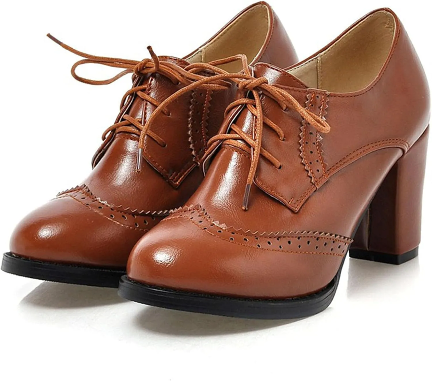 Women's Chunky Block Heels Oxfords Vintage Wingtip Brogues Round Toe Lace-up Pumps High Heeled Booties Dress Shoes