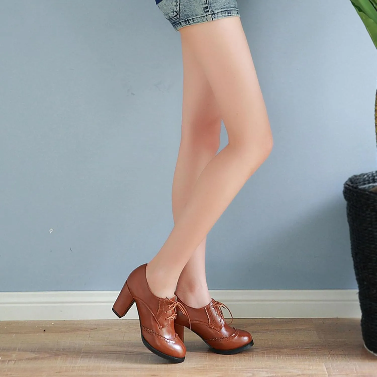 Women's Chunky Block Heels Oxfords Vintage Wingtip Brogues Round Toe Lace-up Pumps High Heeled Booties Dress Shoes