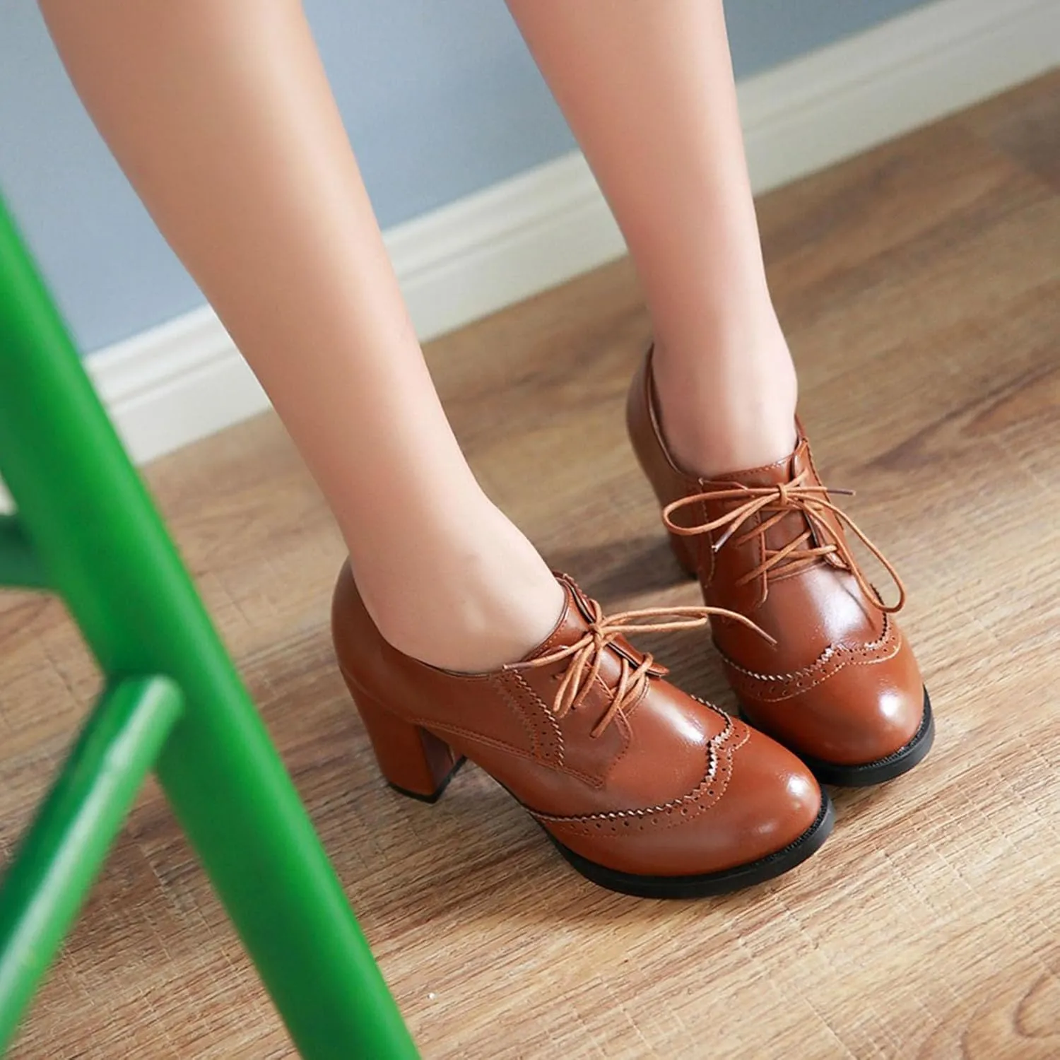 Women's Chunky Block Heels Oxfords Vintage Wingtip Brogues Round Toe Lace-up Pumps High Heeled Booties Dress Shoes