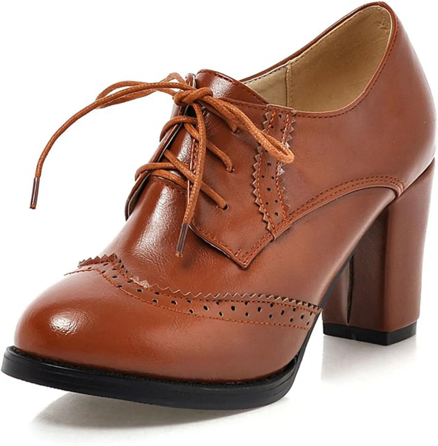 Women's Chunky Block Heels Oxfords Vintage Wingtip Brogues Round Toe Lace-up Pumps High Heeled Booties Dress Shoes