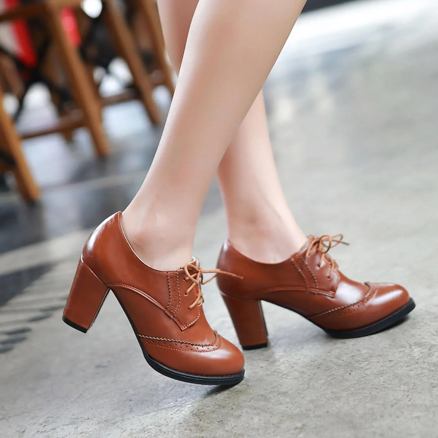 Women's Chunky Block Heels Oxfords Vintage Wingtip Brogues Round Toe Lace-up Pumps High Heeled Booties Dress Shoes
