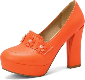 Women's Chunky High Heel Oxford Pumps Round Toe Fashion Flower Slip on Dress Office Platform Shoes