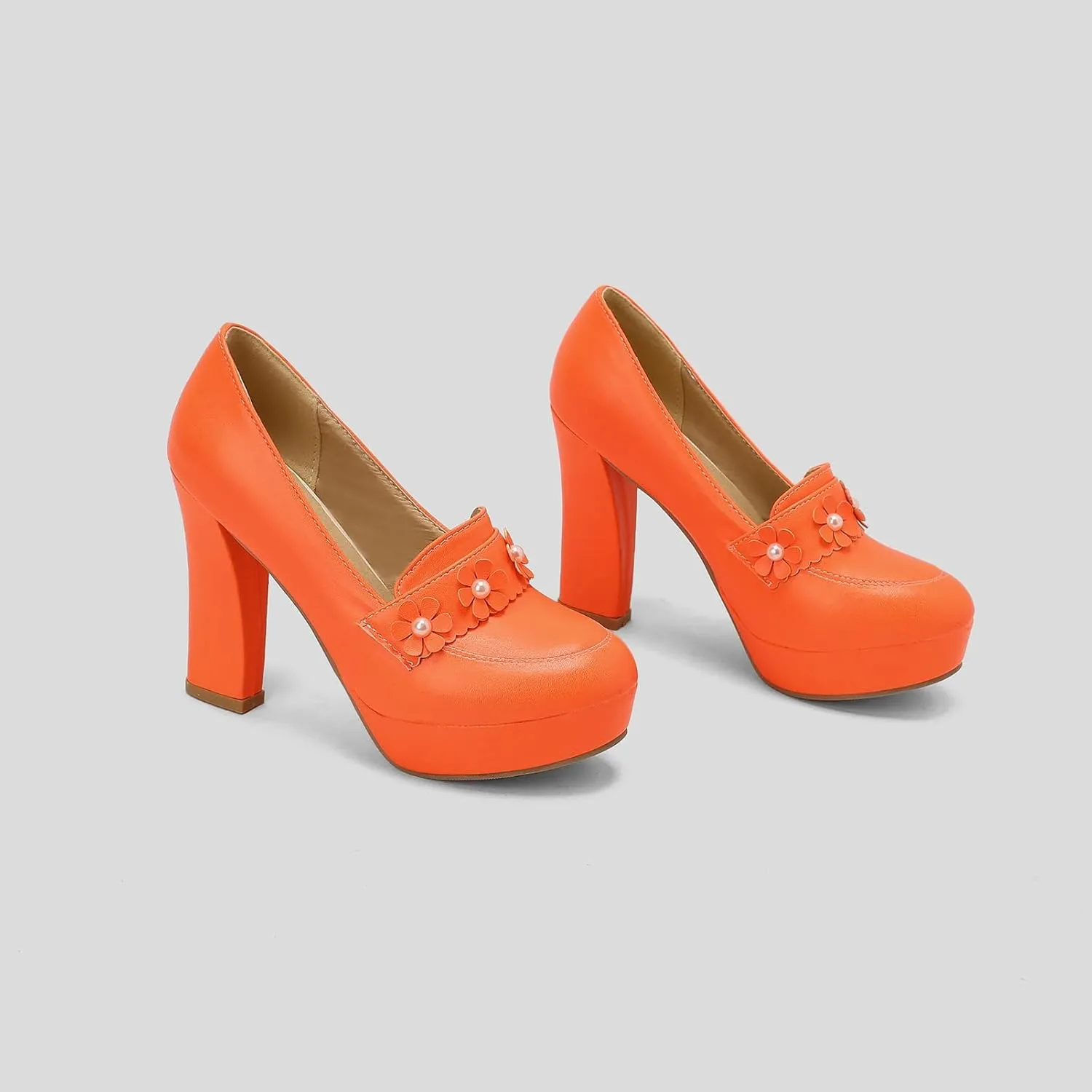 Women's Chunky High Heel Oxford Pumps Round Toe Fashion Flower Slip on Dress Office Platform Shoes