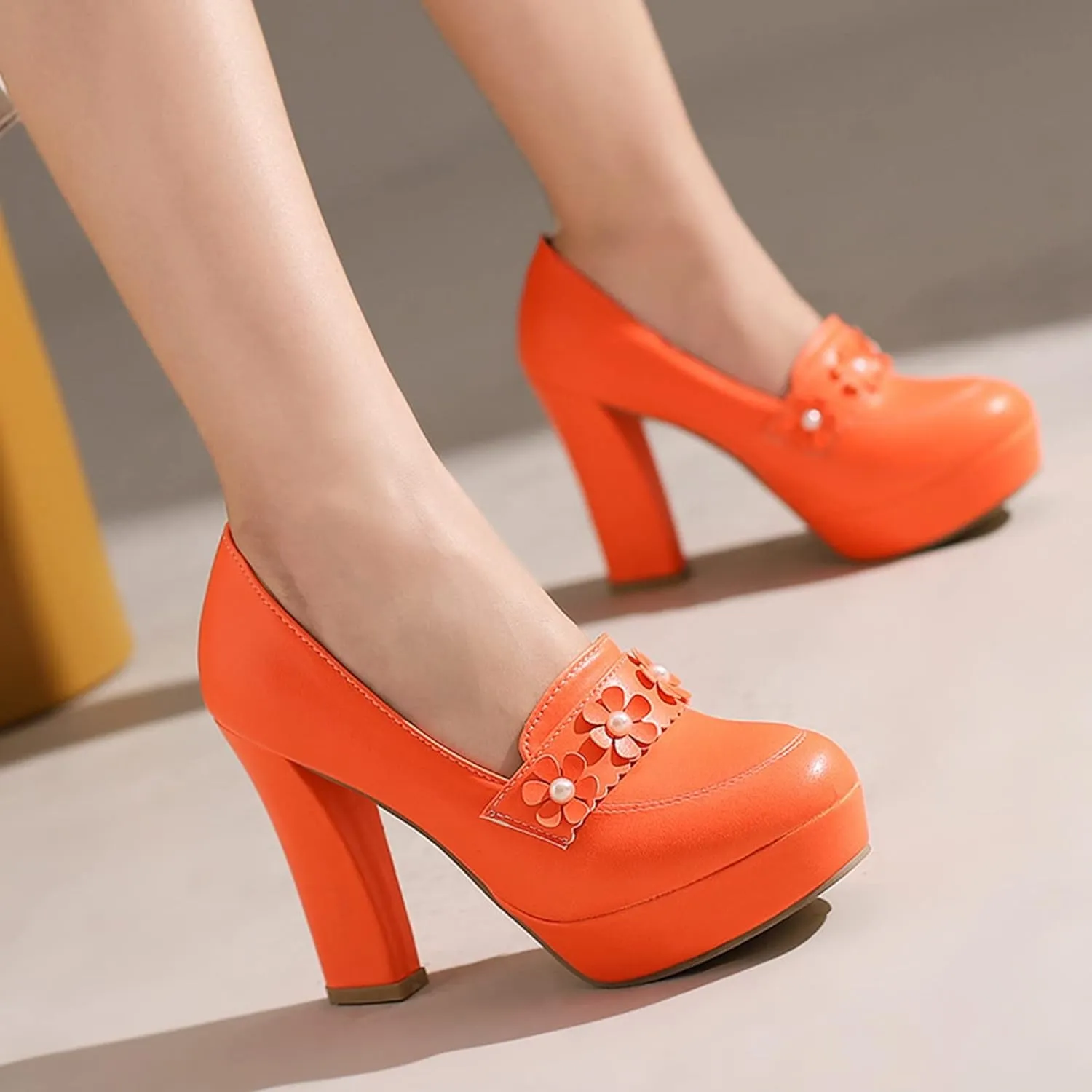 Women's Chunky High Heel Oxford Pumps Round Toe Fashion Flower Slip on Dress Office Platform Shoes