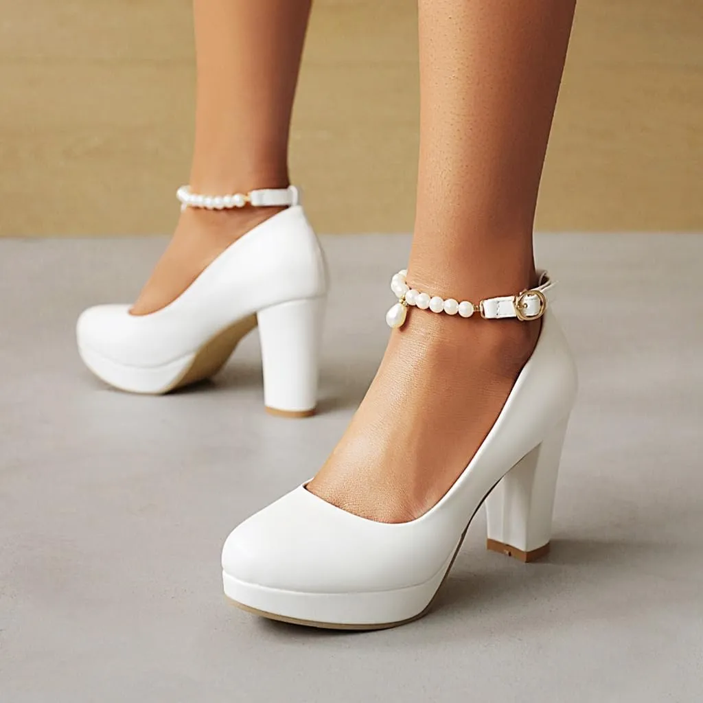 Women's Chunky High Heels Pearls Ankle Strap Pumps Shoes Round Toe Platform Elegant Mary Jane Dress Shoe