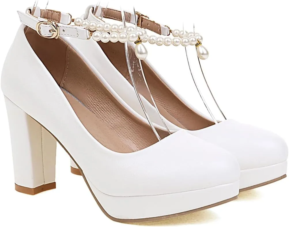 Women's Chunky High Heels Pearls Ankle Strap Pumps Shoes Round Toe Platform Elegant Mary Jane Dress Shoe