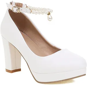 Women's Chunky High Heels Pearls Ankle Strap Pumps Shoes Round Toe Platform Elegant Mary Jane Dress Shoe