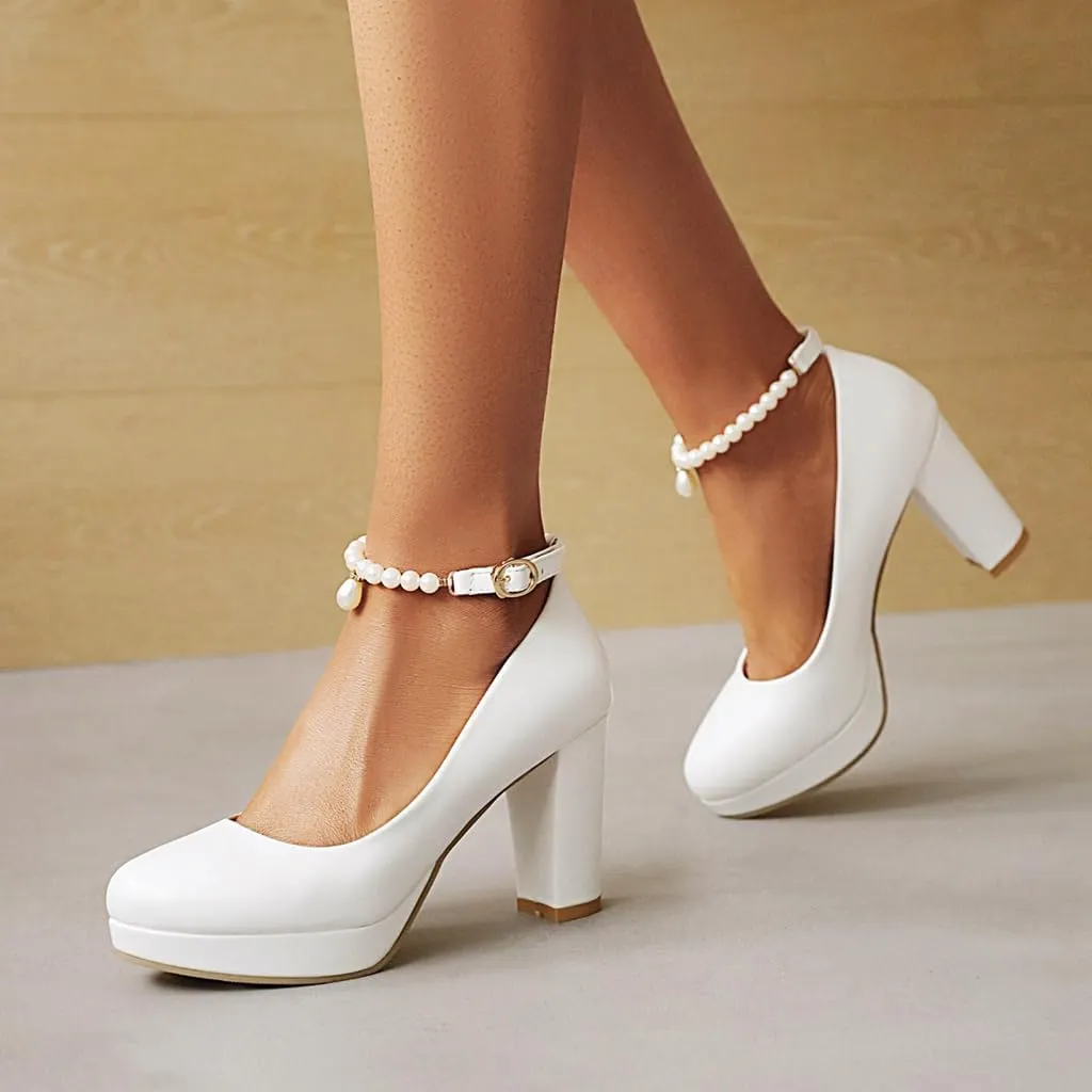 Women's Chunky High Heels Pearls Ankle Strap Pumps Shoes Round Toe Platform Elegant Mary Jane Dress Shoe
