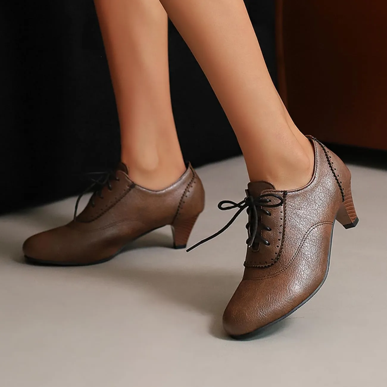 Womens Chunky Low Heel Oxford Pumps Kitten Heel Lace Up Pumps US4-14