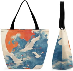 Women's Handbags Crane Birds Chinese Clouds Landscape Shopping Bag Leather Tote Bag Satchel Bags