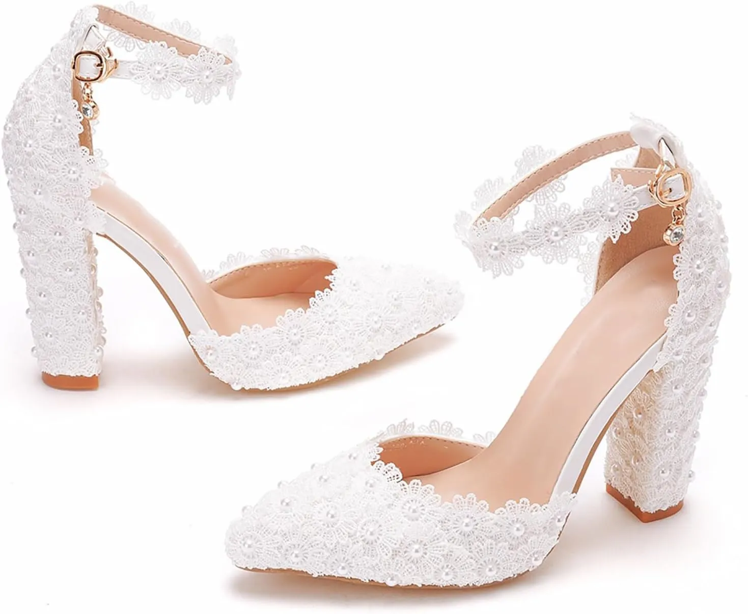 Women's High Heel Pumps Pointed Closed Toe Sandals White Lace Pearls Strap Chunky Heels Bridal Wedding Party Shoes
