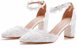 Women's High Heel Pumps Pointed Closed Toe Sandals White Lace Pearls Strap Chunky Heels Bridal Wedding Party Shoes