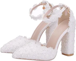 Women's High Heel Pumps Pointed Closed Toe Sandals White Lace Pearls Strap Chunky Heels Bridal Wedding Party Shoes