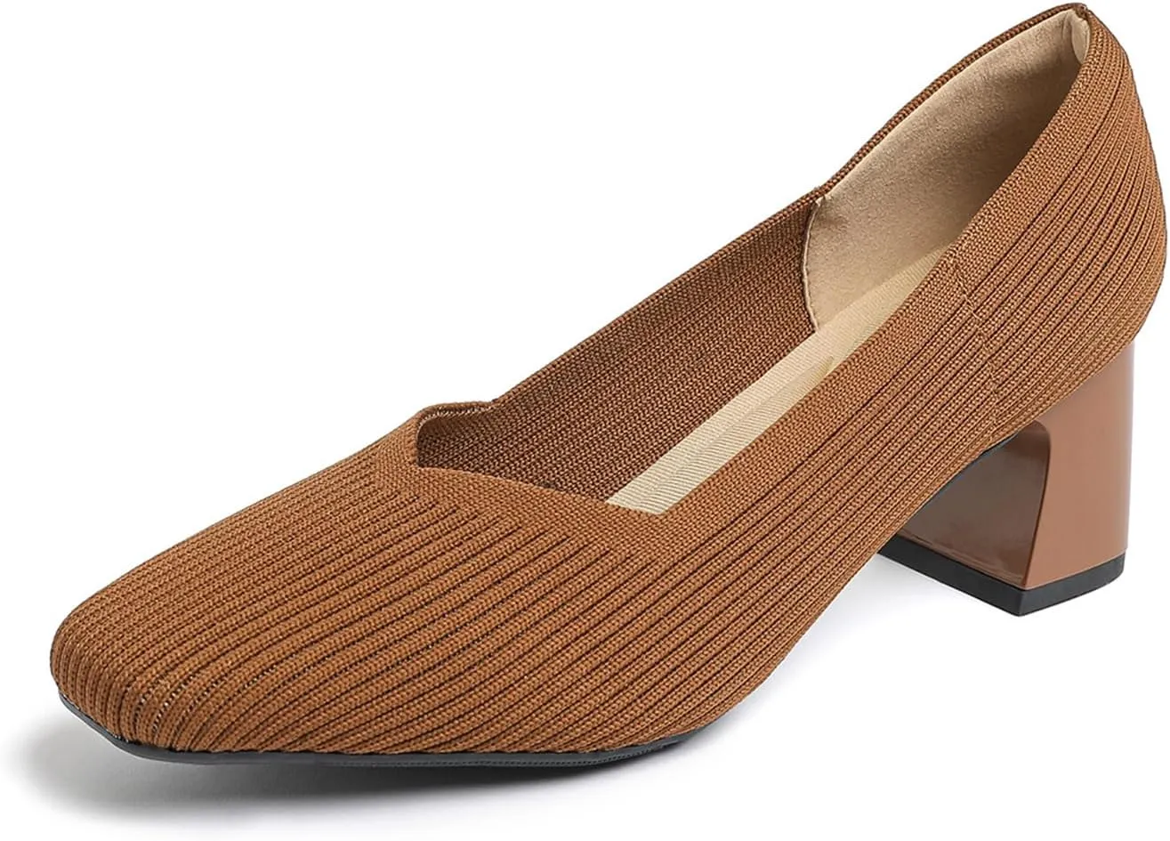 Women’s Knit Slip On Chunky Heel Pumps Square Toe Pump Low Heel Shoes Comfortable Casual Knitted Dress Shoes for Daily Office