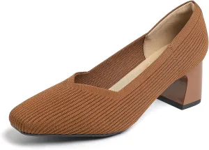 Women’s Knit Slip On Chunky Heel Pumps Square Toe Pump Low Heel Shoes Comfortable Casual Knitted Dress Shoes for Daily Office