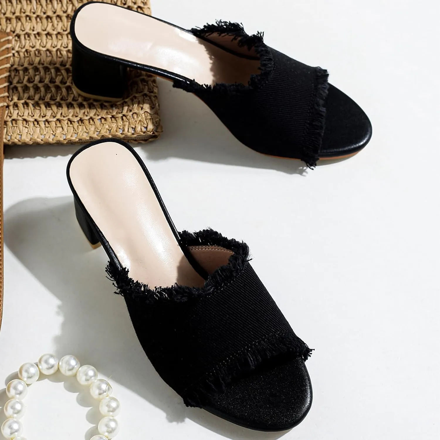 Women'S Linen Peep Toe Slip-On High Heel Sandals Fashionable Round Open Toe Chunky Block Heel Non-Slip Mules For Leisure, Dating, Work